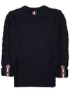 Merino Crisscross Cable Stitch Crewneck Knit Top Navy - THOM BROWNE - BALAAN 3