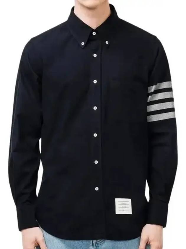 Men's Diagonal Solid Flannel Long Sleeve Shirt Navy - THOM BROWNE - BALAAN 3