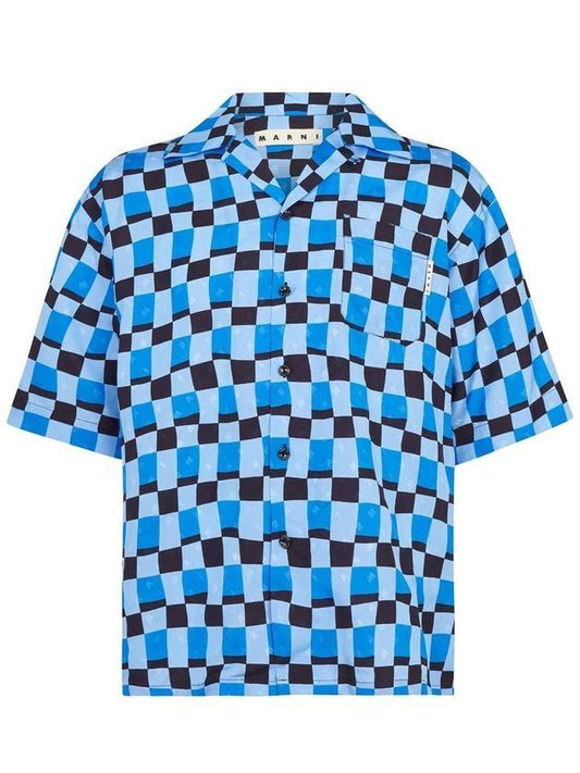 Men's Check Pattern Bowling Short Sleeve Shirt Blue - MARNI - BALAAN.