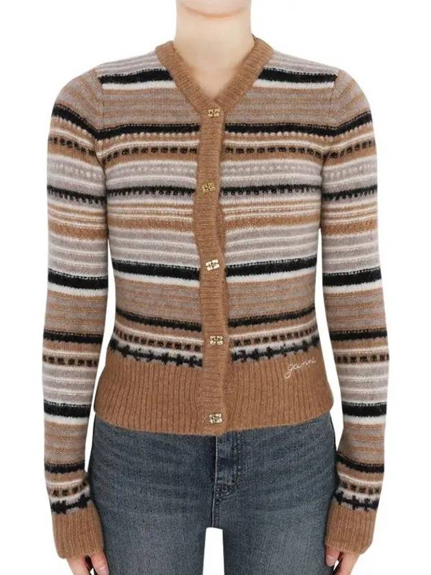 Striped Soft Wool Knit Cardigan Brown - GANNI - BALAAN 3