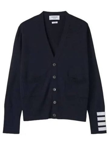 Fine merino wool diagonal cuff V neck cardigan navy - THOM BROWNE - BALAAN 1