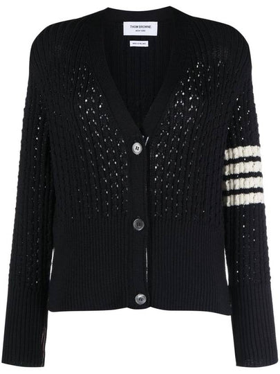 V-Neck Diagonal Pointelle Wool Cardigan Navy - THOM BROWNE - BALAAN 2