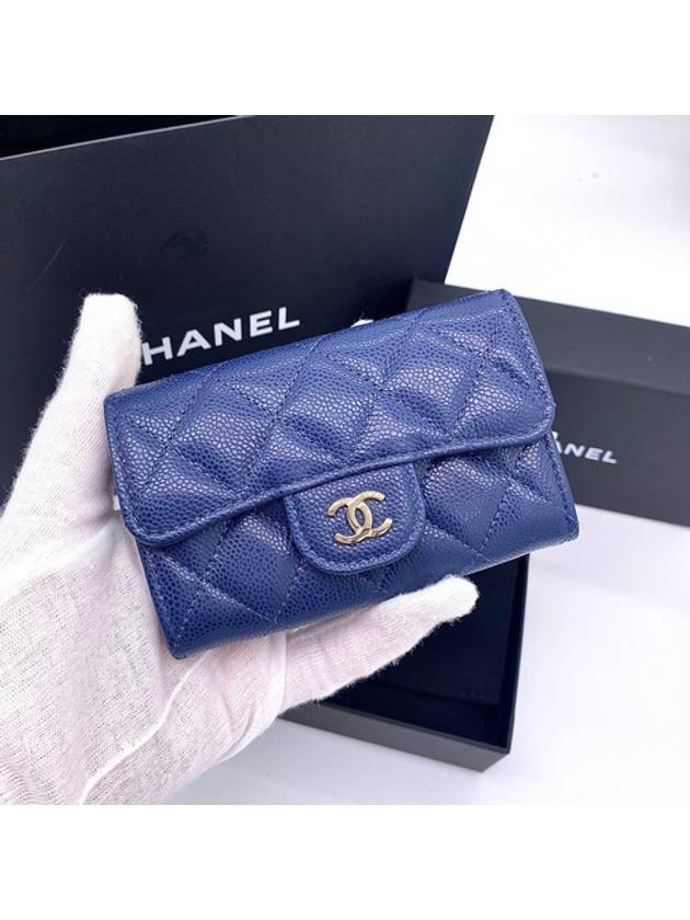 Classic Gold Logo Grained Shiny Calfskin Card Wallet Navy - CHANEL - BALAAN 4