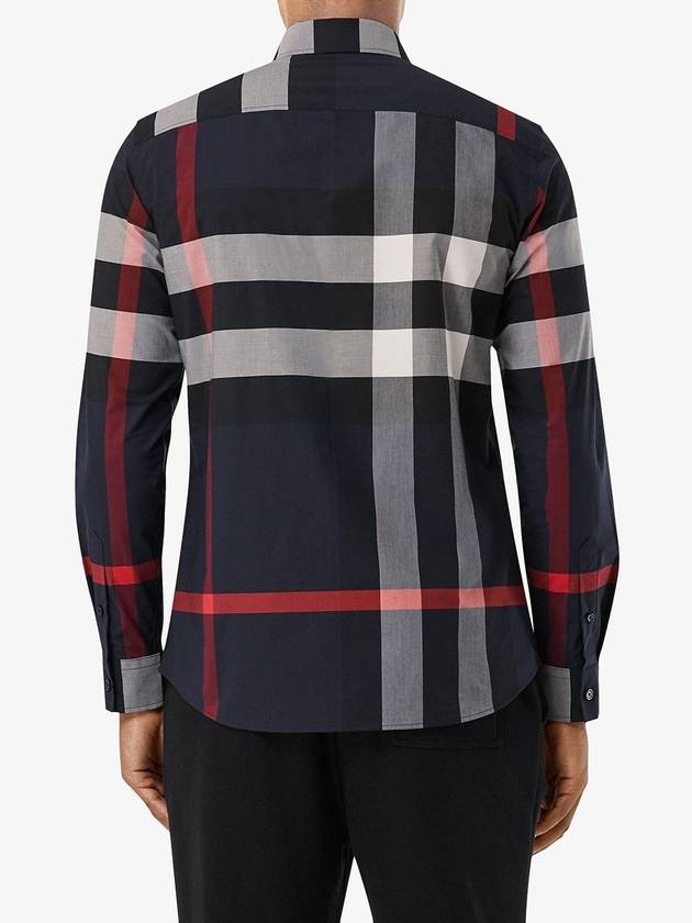 Men's Checked Stretch Cotton Poplin Long Sleeve Shirt Navy - BURBERRY - BALAAN 5