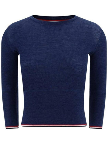 Women's Wool Rib 3/4 Sleeve Crew Neck Pullover Knit Top Navy - THOM BROWNE - BALAAN 1