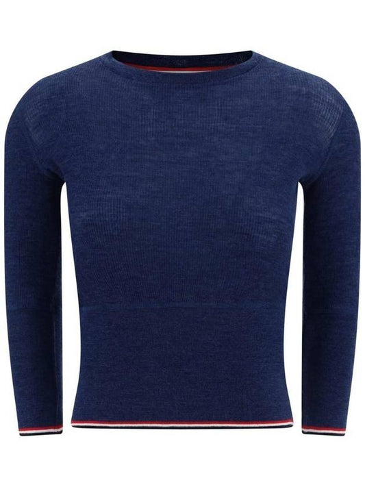 Women's Wool Rib 3/4 Sleeve Crew Neck Pullover Knit Top Navy - THOM BROWNE - BALAAN 1