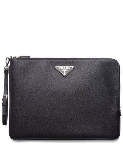 Triangle Logo Large Saffiano Clutch Bag Black - PRADA - BALAAN 2