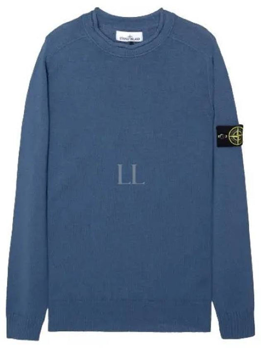 Men's Waffen Patch Crew Neck Raw Cotton Knit Top Blue - STONE ISLAND - BALAAN 2