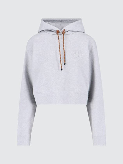 Logo Drawstring Crop Cotton Hoodie Grey - MIU MIU - BALAAN 2