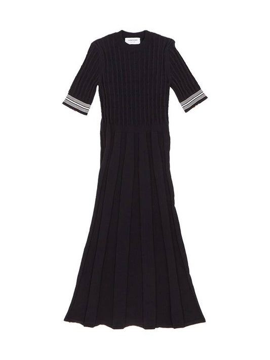 Cotton Pleated Cricket Striped Cable Midi Dress Navy - THOM BROWNE - BALAAN 2