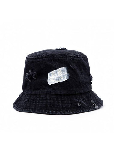 Ripped Custom Smile Logo Denim Bucket Hat Black - BLACKBLOND - BALAAN 1