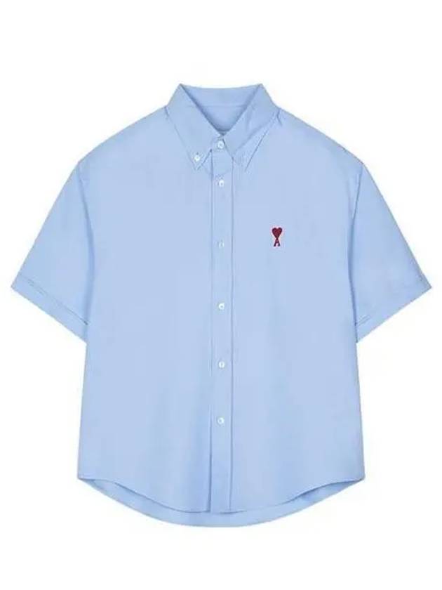 Men's Boxy Fit Embroidered Logo Short Sleeve Shirt Light Blue - AMI - BALAAN 2