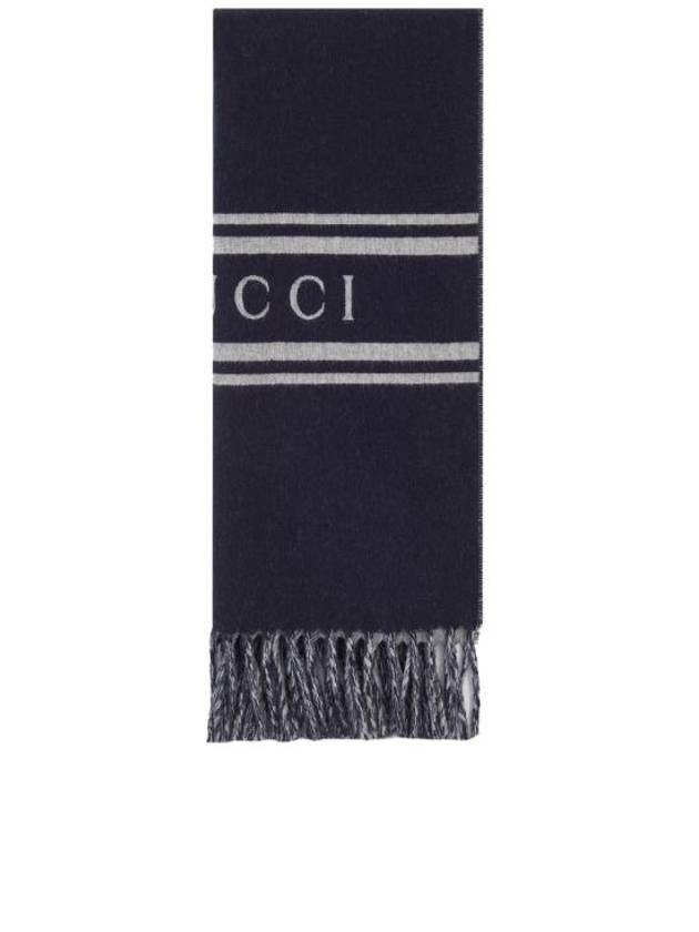 Striped Logo Wool Cashmere Scarf Navy - GUCCI - BALAAN 1