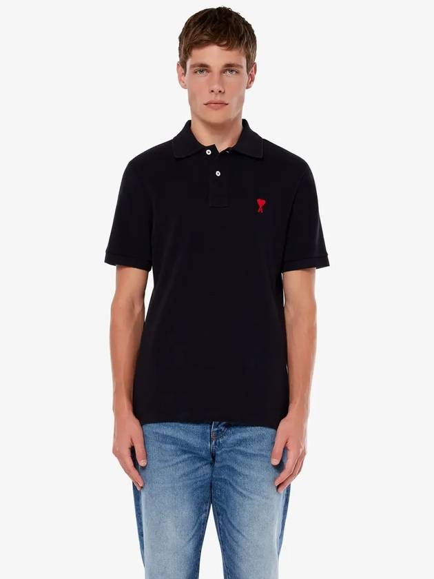 Heart Logo Short Sleeve Polo Shirt Black - AMI - BALAAN 3