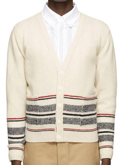 Seasonal Jacquard Striped V-neck Cardigan White - THOM BROWNE - BALAAN 2