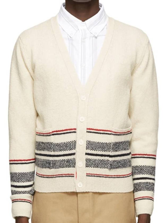 Seasonal Jacquard Striped V-neck Cardigan White - THOM BROWNE - BALAAN 2