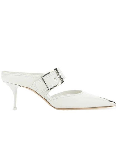 Silver Buckle Leather Mule Sandals Heel White - ALEXANDER MCQUEEN - BALAAN 1