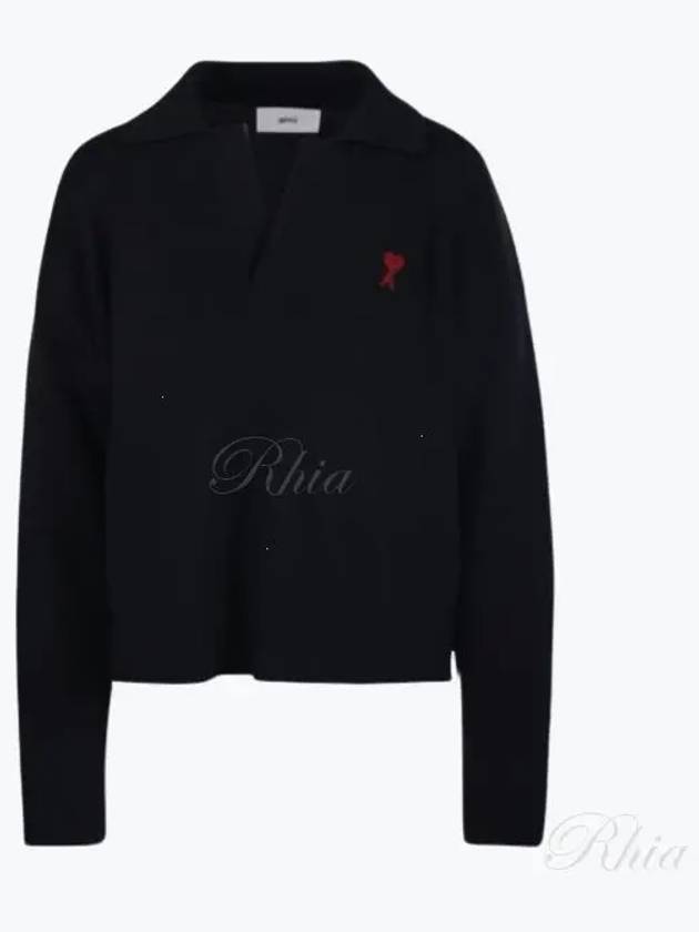 Small Heart Long Sleeve Polo Shirt Black - AMI - BALAAN 2