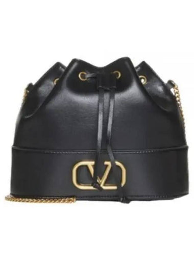 V Logo Chain Leather Bucket Bag Black - VALENTINO - BALAAN 1