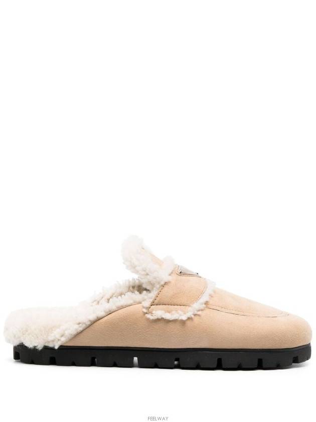 Women's Triangle Logo Shearling Lining Slippers Ecru - PRADA - BALAAN 4