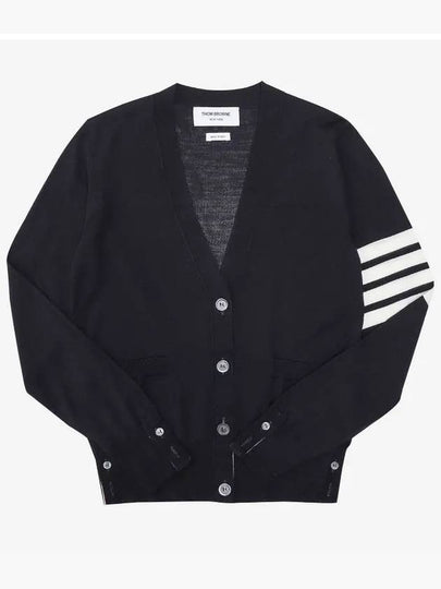 Sustainable Fine Merino Wool 4-Bar Relaxed Fit V-Neck Cardigan Navy - THOM BROWNE - BALAAN 2