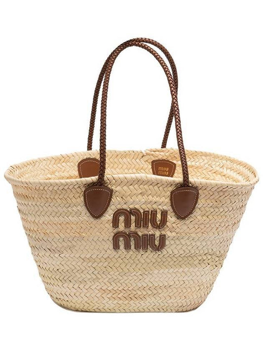 Palmito Palm Leather Tote Bag Natural Cognac - MIU MIU - BALAAN 1