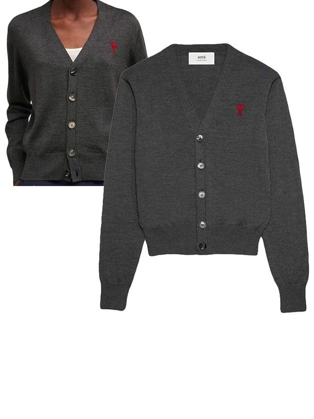 Heart Logo Wool Cardigan Heather Grey - AMI - BALAAN 2