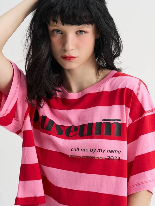 Stripe Crop Loosefit Half Sleeve T Shirt Pink - SORRY TOO MUCH LOVE - BALAAN 3