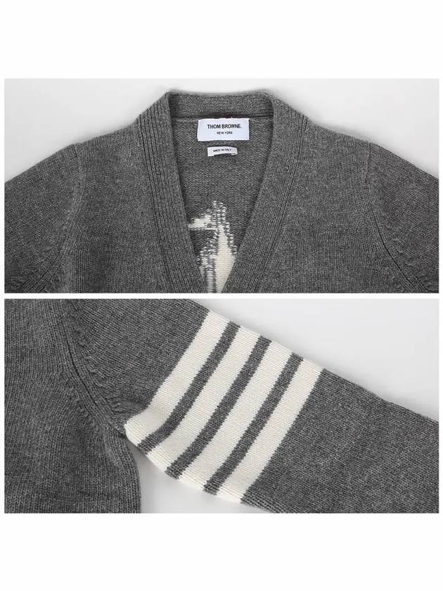 Women's Fine Merino Jersey Sailboat 4 Bar Boxy V Neck Cardigan Light Grey - THOM BROWNE - BALAAN 6