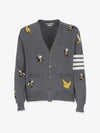 Men's Merino Bird Bee 4 Bar V-Neck Merino Cotton Cardigan Medium Grey - THOM BROWNE - BALAAN 2