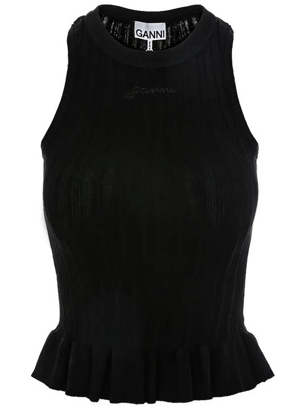 Embroidered Logo Ribbed Tank Slessveless Black - GANNI - BALAAN 3