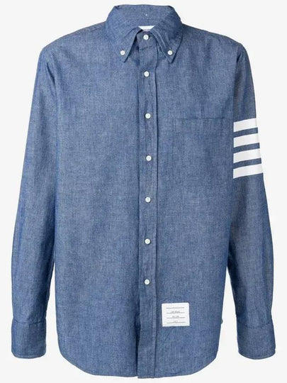 Men's Diagonal Shambray Print Name tag Straight Fit Long Sleeve Shirt Blue - THOM BROWNE - BALAAN 2