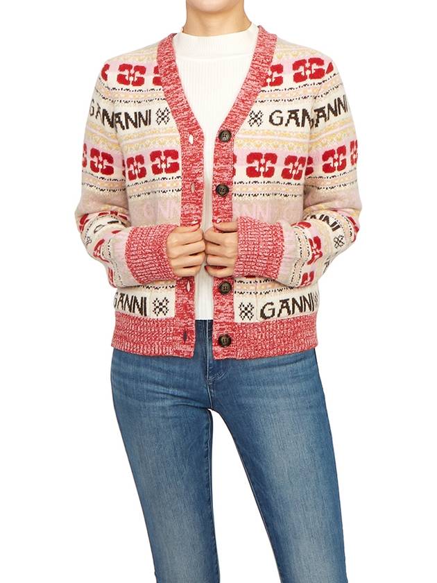 Logo V-neck Wool Blend Cardigan Red - GANNI - BALAAN 6