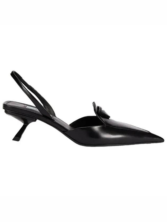 Women's Triangular Logo Brushed Leather Slingback Heel Black - PRADA - BALAAN 2