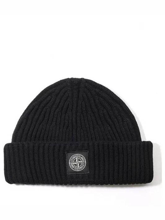 Logo Patch Rib Wool Beanie Black - STONE ISLAND - BALAAN 2