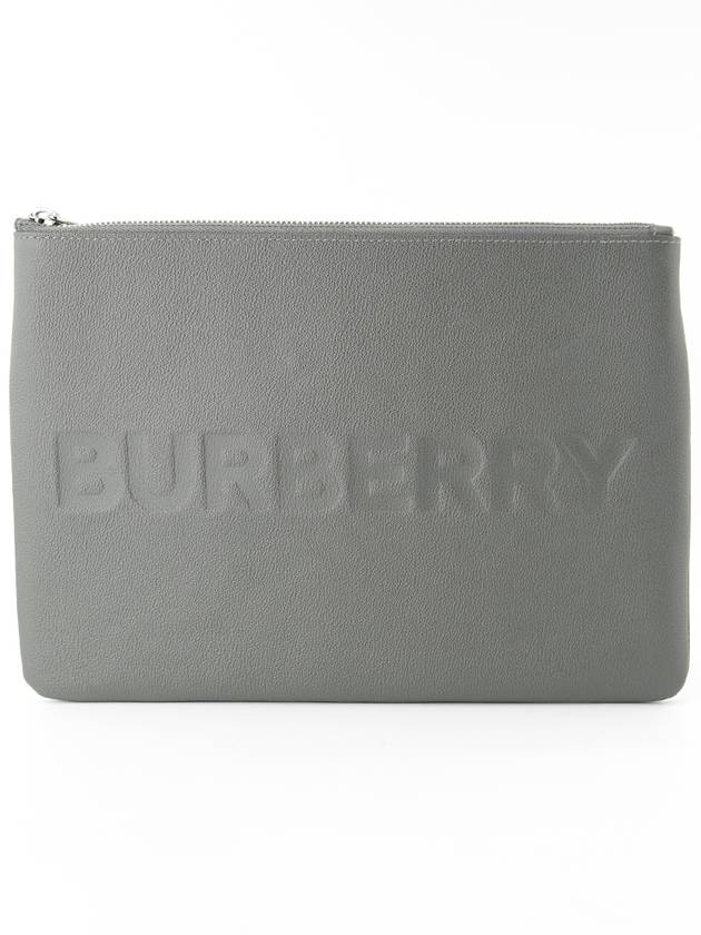 Embossed Logo Leather Clutch Bag Charcoal - BURBERRY - BALAAN 2