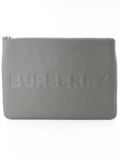 Embossed Logo Leather Clutch Bag Charcoal - BURBERRY - BALAAN 2