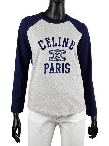 Paris Triomphe Flocking Long Sleeve T-Shirt Navy Grey - CELINE - BALAAN 1