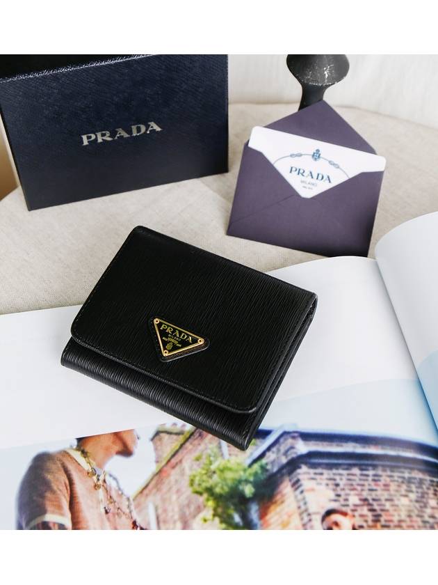 Triangle Logo Vitello Move Tri Fold Leather Half Wallet Black - PRADA - BALAAN 3