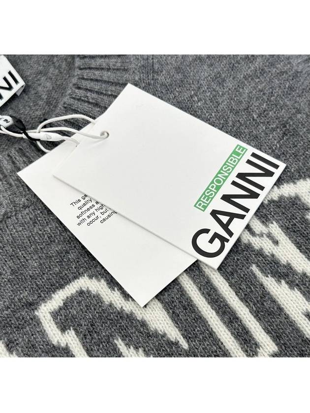 Logo Graphic Crew Neck Wool Knit Vest Grey - GANNI - BALAAN 5