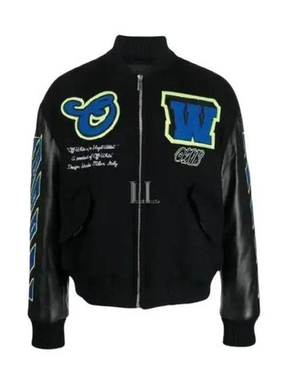 OW Logo Patch Varsity Bomber Jacket Black - OFF WHITE - BALAAN 2