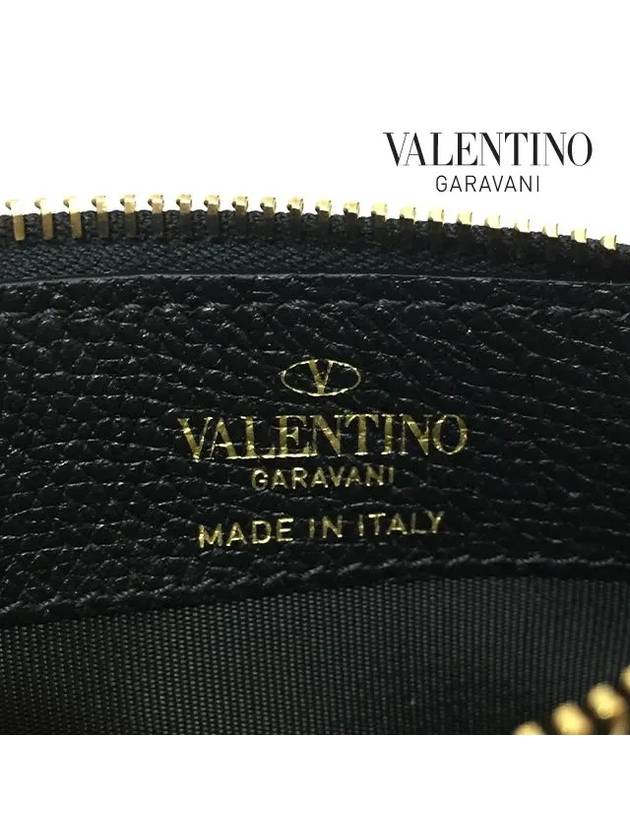 V Logo Signature Leather Card Wallet Black - VALENTINO - BALAAN 7