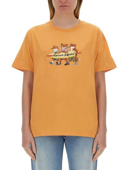 Surfing Foxes Short Sleeve T-shirt Orange - MAISON KITSUNE - BALAAN 1