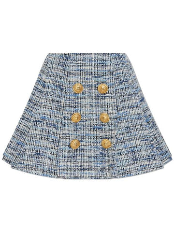 Balmain Tweed Skirt With Pleats, Women's, Blue - BALMAIN - BALAAN 1