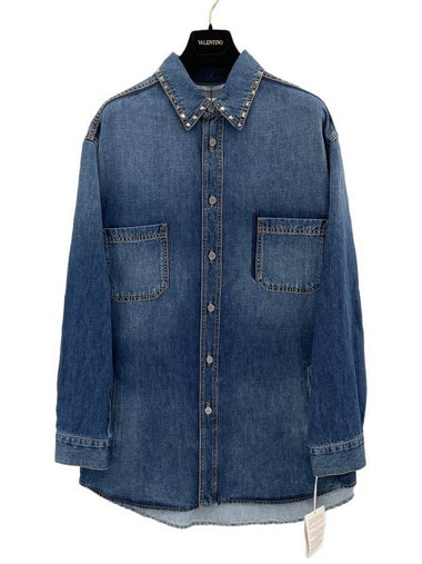 Rockstud Denim Overfit Shirt Jacket 2V3DB01Z 558 - VALENTINO - BALAAN 1