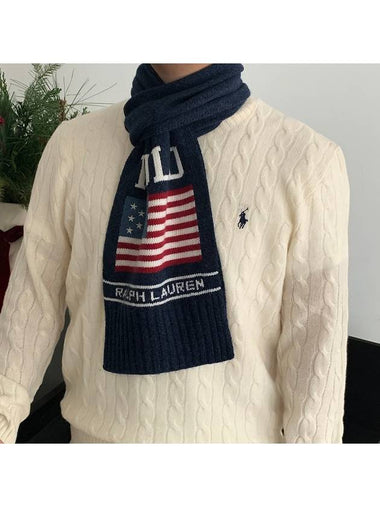 Shawl Men Women Bold Flag Logo Knit Muffler Navy Multi PC1175 411 - POLO RALPH LAUREN - BALAAN 1