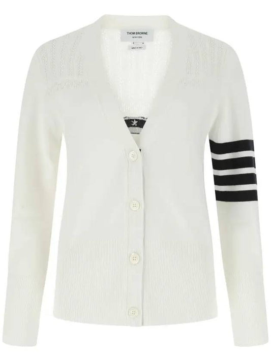 Striped Hector V Neck Cardigan White - THOM BROWNE - BALAAN 1