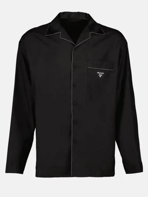 Embroidered Logo Pocket Silk Long Sleeve Shirt Black - PRADA - BALAAN 2