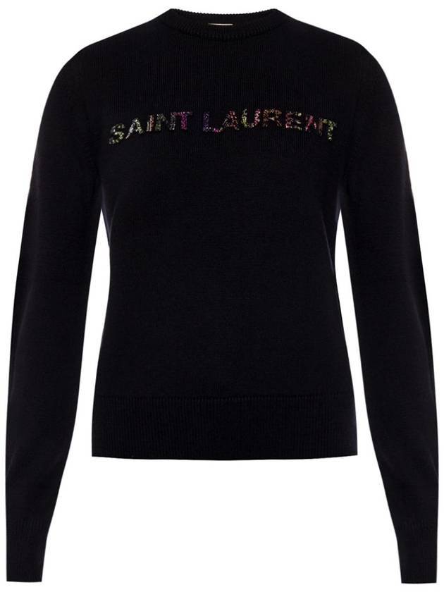 Women's Logo Embroidered Knit Top Black - SAINT LAURENT - BALAAN.