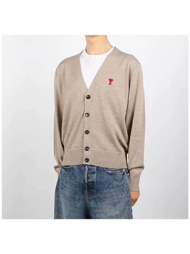 Red Heart Logo Merino Wool Cardigan Beige - AMI - BALAAN 3